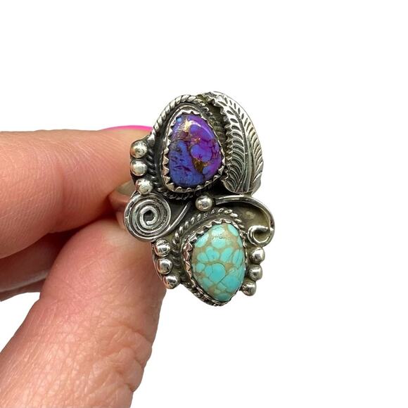 Purple Copper Turquoise Ring Solid 925 Sterling Silver Adjustable 6.5 7 7.5 8 - Picture 5 of 11